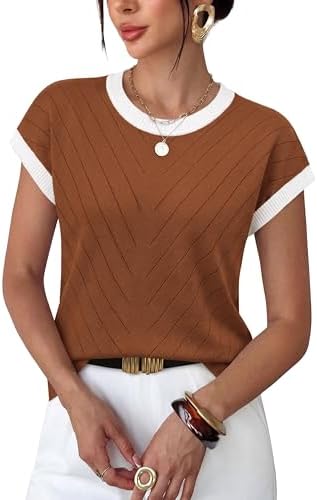 Fine textured lines and a rich red brown shade give this cap sleeve summer knit top a polished, grounded look.