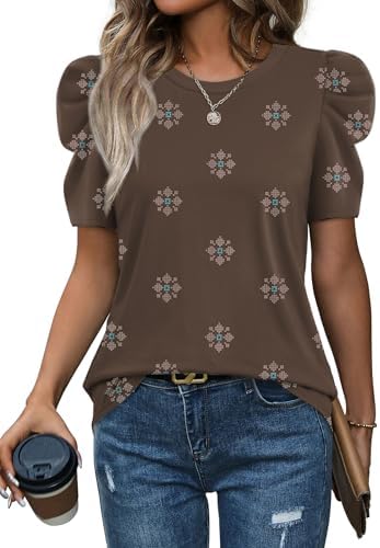 Warm earth tones bring depth to this short-sleeve top, finished with gathered leg-of-mutton shoulders for a neat look.