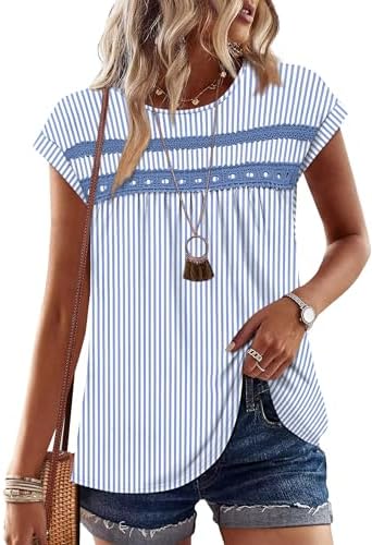 Crisp blue stripes meet delicate crochet lace along the yoke of this breezy, peplum-hem summer top.