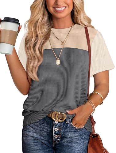 Stripes in soft beige and gray give this short sleeve knit top a clean, balanced look for warm office days and casual weekend plans.