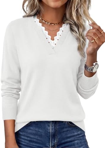 Delicate lace lines the open V-neck of this crisp white knit pullover, cut with long sleeves for cool mornings and air-conditioned rooms.