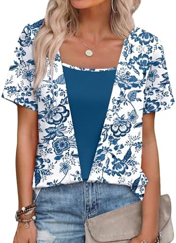 Intricate blue ethnic floral motifs give this layered-look tee a tailored feel with the ease of a single pull-on top.