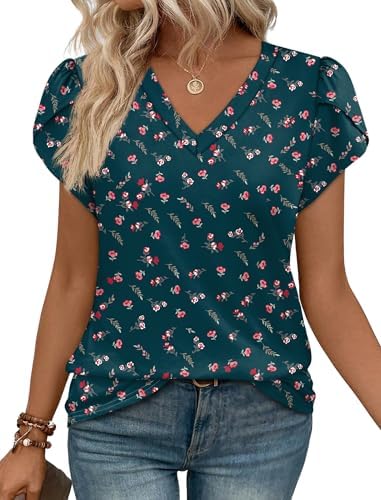 Soft pink blooms scatter across deep navy knit on this easy V-neck top with overlap petal sleeves.