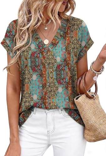 A lively bohemia print covers this airy summer blouse, cut with a relaxed drape and rolled short sleeves for warm days.
