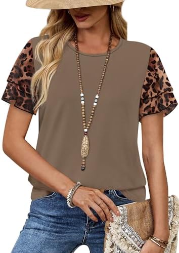 Double-layer chiffon ruffle sleeves and a warm brown leopard print give this soft summer tee a polished, dressier feel.
