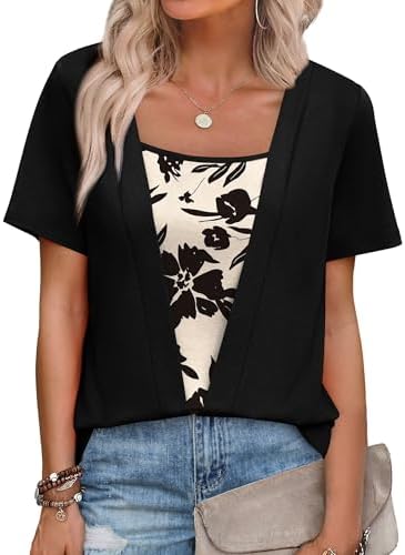 A built-in layered front gives this carbon black short-sleeve top a neat, coordinated look without extra bulk.