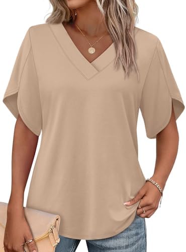 Split petal sleeves and a clean V-neck give this soft beige short-sleeve top an easy, polished feel for warm days.