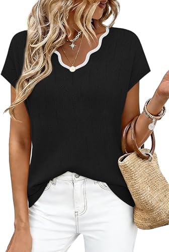 A lightweight black knit sweater finished with an open diamond texture and a clean scalloped v-neckline for warm afternoons.