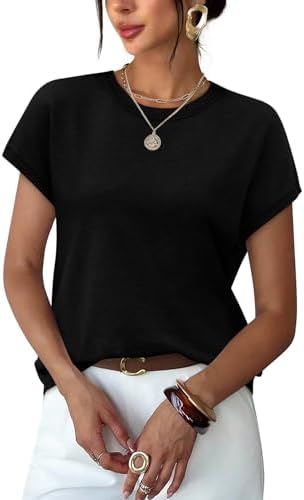 A deep black lightweight summer knit tee with cap sleeves and a crew neck that pairs cleanly with trousers or denim.