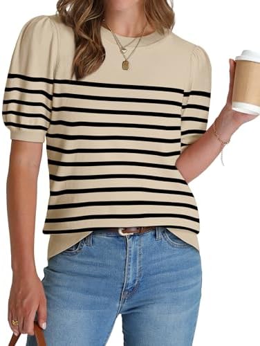 Horizontal black stripes across a soft apricot base give this lightweight knit sweater an easy rhythm for sunny days.