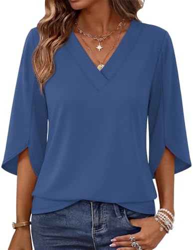 Cut in deep navy with split three-quarter sleeves, this lightweight V-neck top moves easily between office hours and casual weekends.