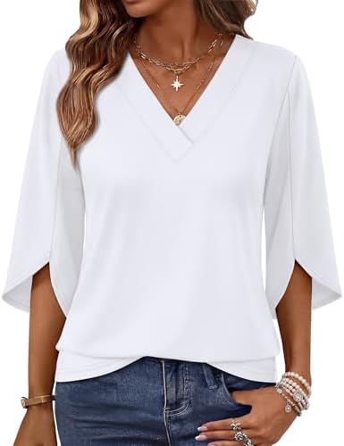 Split three-quarter sleeves and a clean V-neck give this crisp white top an easy polish for warm afternoons.