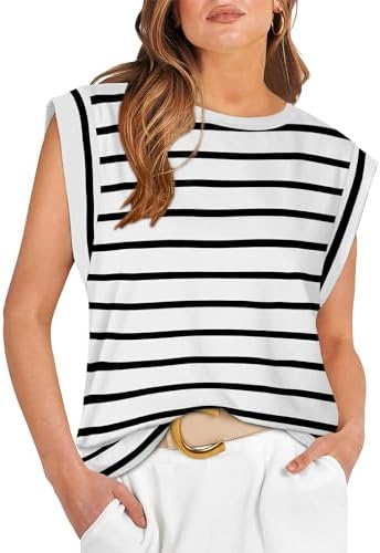 Crisp black and white stripes sharpen this relaxed cap sleeve top, cut loose for warm afternoons and office days alike.
