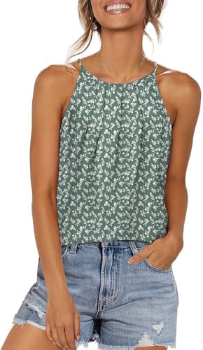 Crisp leafy botanicals across a breezy halter cut give this green floral tank an easy feel on warm resort afternoons.