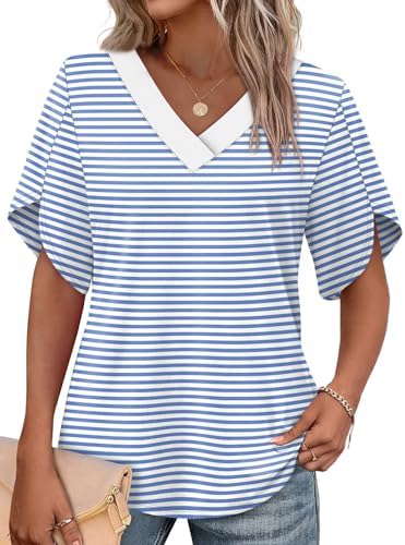 Crisp striping meets overlapping petal sleeves on this easy V-neck tee cut for relaxed warm-weather days.