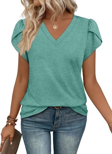 A cool seagreen knit with tulip sleeves and a neat V-neck gives this loose tee a breezy finish for warm afternoons.