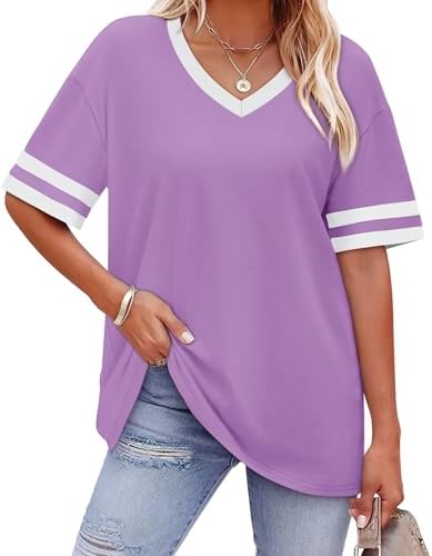 Contrasting striped cuffs update a rich purple v-neck tee cut with generous half sleeves in our soft stretch jersey knit.