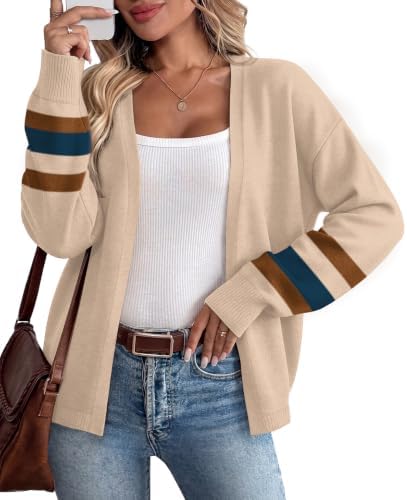 Knitted in warm khaki beige, this loose open-front cardigan features contrasting striped cuffs and easy balloon sleeves.