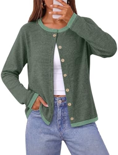 Contrast trim frames the placket and cuffs on this rich green button-front knit, adding crisp detail to an easy layer.