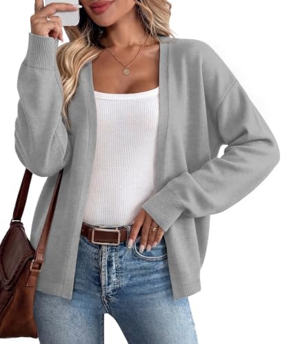 Striped cuffs and an open front bring casual contrast to this heather grey layering knit cut with wide, balloon-style sleeves.