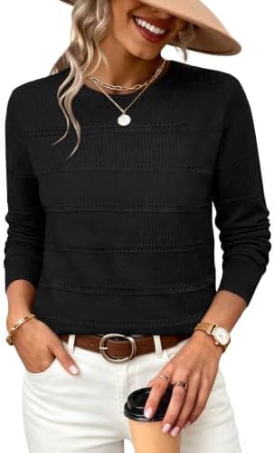 Delicate eyelet stripes pattern this soft black knit sweater, cut with long sleeves and a clean scoop neckline.