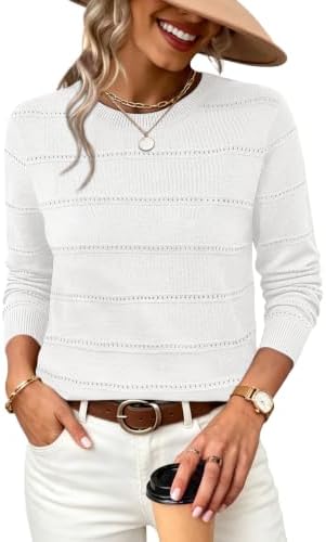 Airy eyelet stripes and a scoop neck give this bright white knit long sleeve top a clean, breathable texture for cool days.