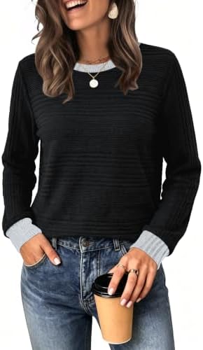 Tonal black and grey colorblocking pairs with a chenille-soft lightweight knit for an easy cool-weather top.