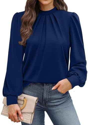 Deep navy blue meets a structured mock neck and puffed long sleeves in a stretchy knit cut for cool workdays and easy dinners.