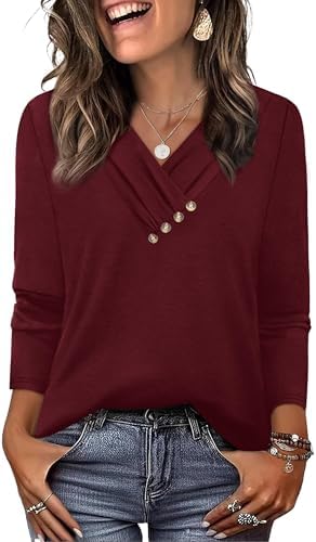 A deep burgundy long sleeve tunic cut with a clean V-neck and decorative front buttons for cool summer nights into fall.