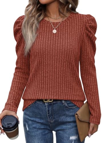 A warm caramel hue meets subtle puff sleeves in a lightweight knit tuned for easy transitional layering.