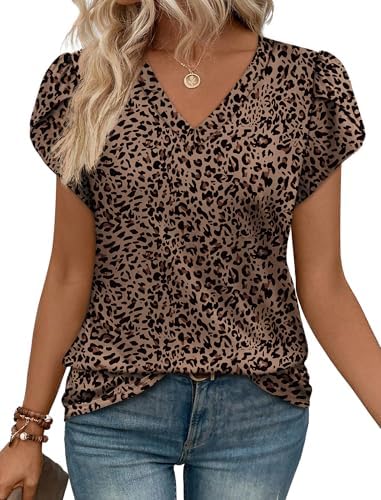 Tonal dark brown leopard spots meet airy petal sleeves on this stretchy V-neck top cut for daily wear.