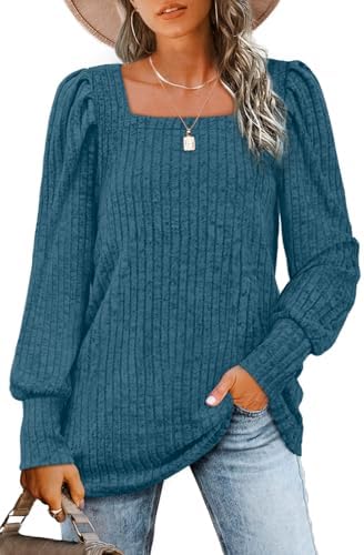 Clean square necklines meet soft puff sleeves in this deep marine blue long-sleeve knit top cut for everyday layering.