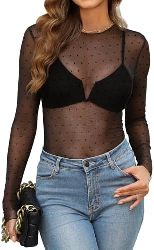 Sheer black mesh dotted with tiny woven spots gives this long sleeve layering top a textured look for late dinners.