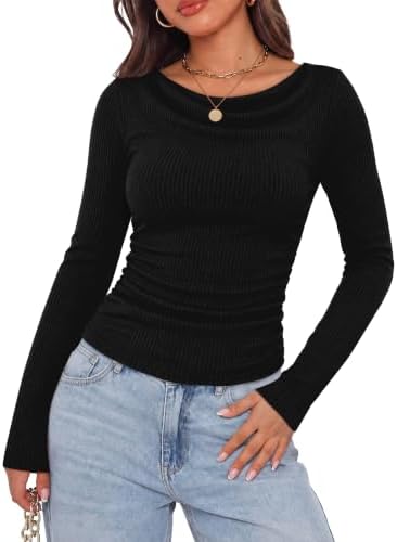 Draped cowl neckline softens this deep black knit top, finished with gathering along the waist for smooth layering under jackets.