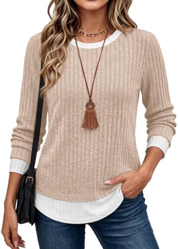 Soft apricot tones meet a built-in contrast crew neck and trim on this relaxed long sleeve knit.
