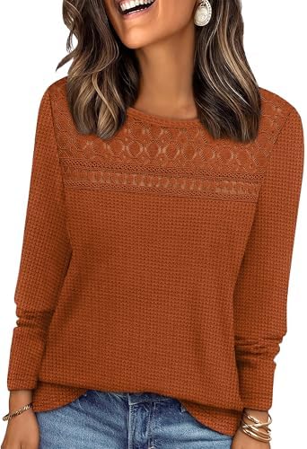 Delicate crochet lace accents the upper chest of this long sleeve tunic, dyed in a rich caramel hue that pairs with neutral trousers.