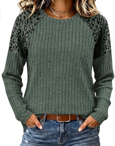 Muted green knit pairs with tonal leopard raglan sleeves on a lightweight crew neck top cut for breezy summer nights.