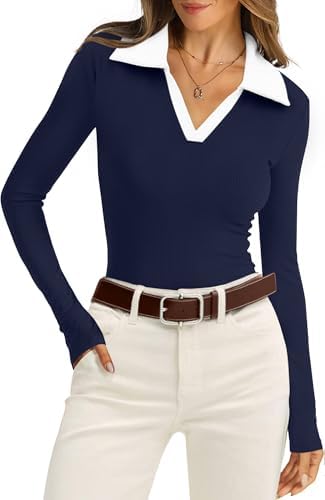 A crisp polo collar meets a fine ribbed knit in deep navy blue, finished with a neat white contrast trim along the neckline.