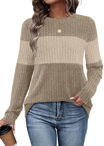 Color-blocked panels across the chest and sleeves give this soft apricot and khaki tunic sweater an earthy, modern look.