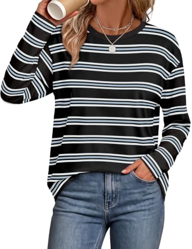 Crisp stripes and a relaxed drop shoulder give this long sleeve crew neck an easy shape for cool mornings and office days.