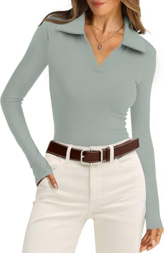A tidy polo collar meets a fine ribbed knit in soft sage green, cut close through the arms and torso for an easy tuck.