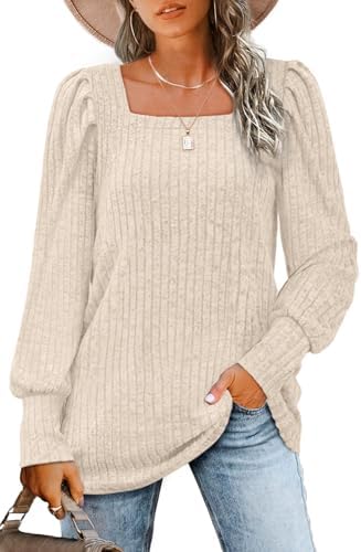 A soft cream knit with a clean square neckline and subtle volume through the long sleeves for cool days.