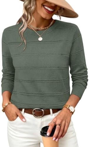 Delicate eyelet stripes bring breezy texture to a lightweight green knit sweater designed for easy everyday layering.