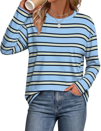 Crisp light blue and black stripes give this relaxed long sleeve top a cool, balanced look for breezy days.