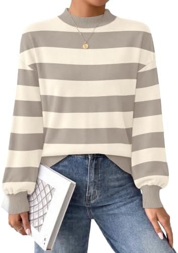 A high mock neckline and subtle puff sleeves shape this soft knit pullover in a warm khaki beige stripe for cool evenings.