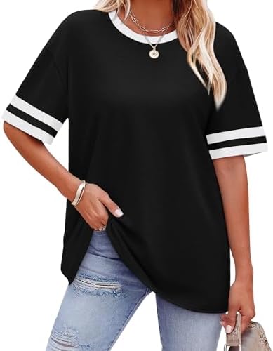 Striped cuff bands give this solid black summer tee a crisp graphic contrast that pairs easily with white denim or relaxed shorts.