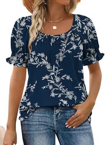 A wide ruched neckline meets gathered puff sleeves on this navy floral top, cut loose through the torso for warm afternoons.
