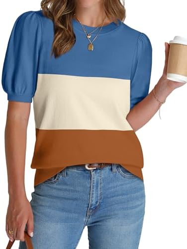 Colorblocked bands of blue, khaki, and caramel give this soft short sleeve knit sweater an earthy, balanced finish.