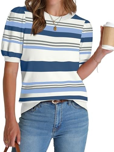 Crisp blue stripes meet a lightweight knit cut with subtle puff sleeves and a tidy ribbed hem.