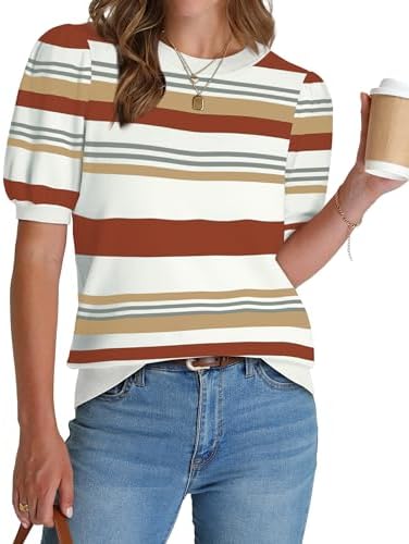 Rich caramel stripes run across a soft knit body with subtle puff sleeves that add polish to workdays or weekend travel.